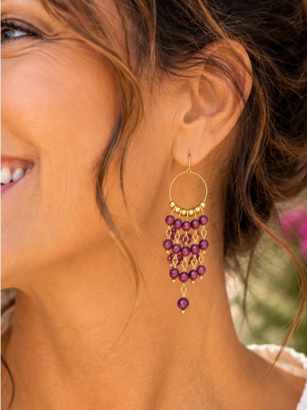 Hand Crafted Gold Hoop Earrings with Purple Beaded Chandelier - Women Jewelry